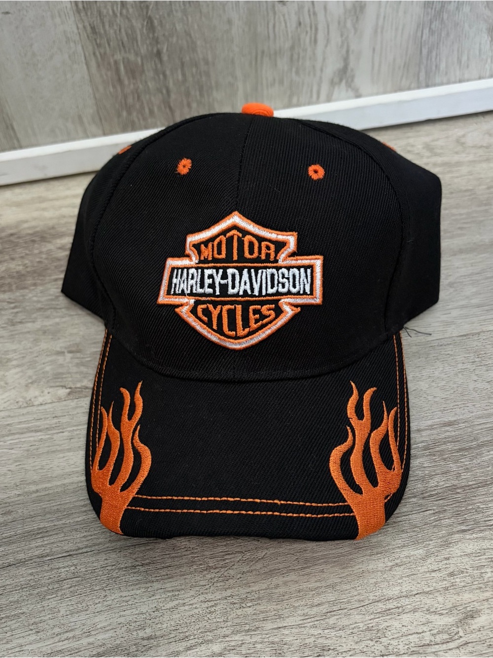 Harley Davidson Baseball Hat Black & Orange Logo Flames EXCELLENT Adjustable